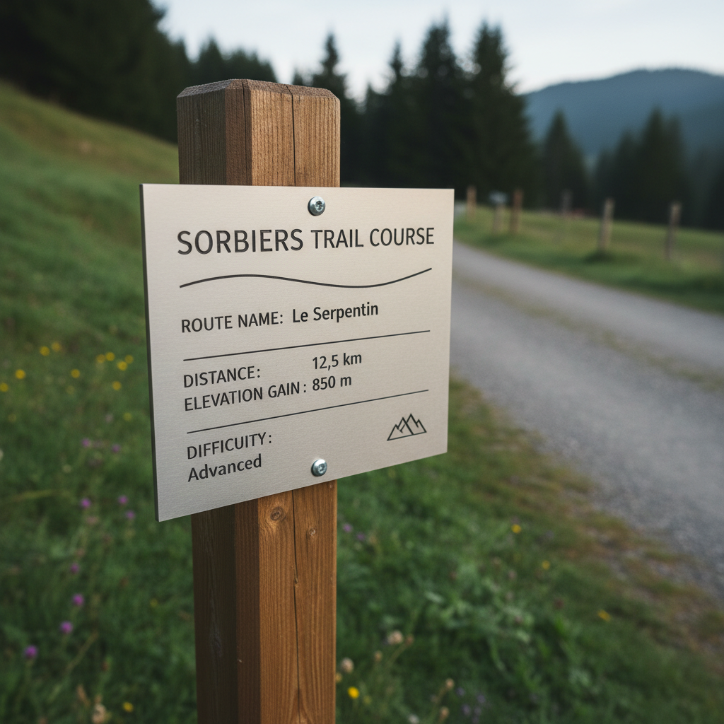 A photographic close-up of a neutral-colored trail signpost at the start of a Sorbiers trail course, manufactured from brushed metal with crisp, laser-cut edges and clear typography indicating route name, distance, elevation gain, and difficulty level. The sign is mounted on a sturdy wooden post with a smooth, sealed finish, standing beside a compacted gravel path bordered by short grass. Early morning natural light, softly filtered through thin clouds, creates subtle reflections on the metal surface and precise, legible shadows in the engraved text. Captured at eye level with a shallow depth of field, the background path and vegetation are gently blurred, keeping the focus on the information and clean design. The mood is professional, reliable, and informative, matching a corporate outdoor sports presentation.