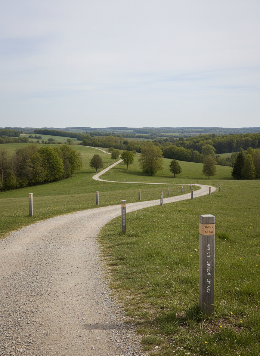 A wide, panoramic photographic view of a permanent trail network near Sorbiers, with a clearly marked dirt and gravel path weaving through gently rolling green hills and patches of low forest. Discreet trail marker posts in neutral colors indicate distances and route numbers without dominating the scene. The sky is lightly overcast, providing soft, diffused daylight that eliminates harsh shadows and creates an even, professional tone. Captured from a slightly elevated angle, the composition emphasizes the structure and clarity of the main path as it leads the eye into the distance. Clean lines, balanced composition, and neutral earth tones convey an organized, corporate aesthetic suitable for a site presenting official trail and nordic walking routes.