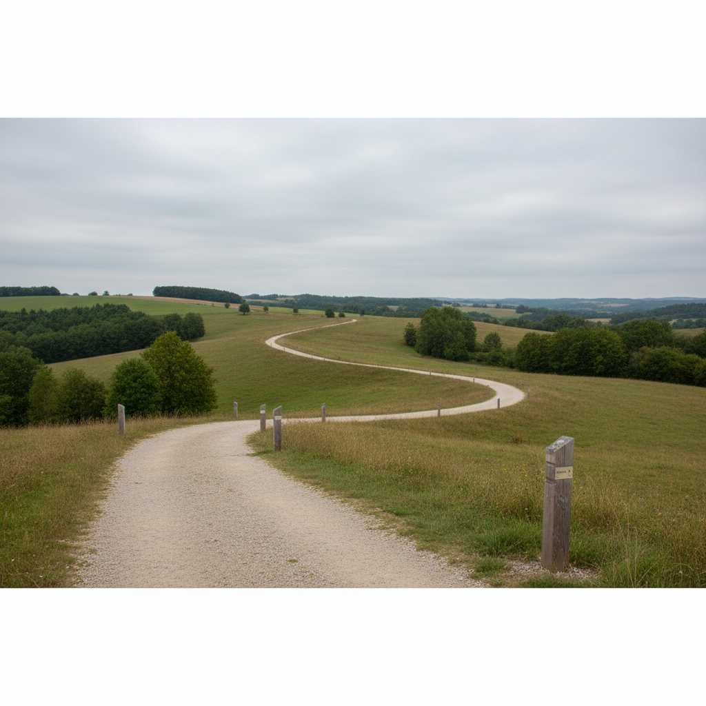 A wide, panoramic photographic view of a permanent trail network near Sorbiers, with a clearly marked dirt and gravel path weaving through gently rolling green hills and patches of low forest. Discreet trail marker posts in neutral colors indicate distances and route numbers without dominating the scene. The sky is lightly overcast, providing soft, diffused daylight that eliminates harsh shadows and creates an even, professional tone. Captured from a slightly elevated angle, the composition emphasizes the structure and clarity of the main path as it leads the eye into the distance. Clean lines, balanced composition, and neutral earth tones convey an organized, corporate aesthetic suitable for a site presenting official trail and nordic walking routes.