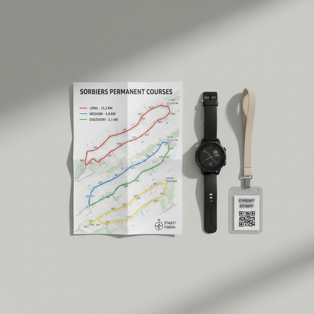 A clean, photographic overhead view of a printed trail map for the Sorbiers permanent courses, laid flat on a light grey, matte desk surface. The map shows four distinct, color-coded looped routes with clear contour lines, distance indicators, and starting point icons, designed in a restrained, professional graphic style. Next to the map lies a modern GPS watch and a neutral-toned lanyard with an access badge, both aligned precisely to reinforce a structured layout. Soft studio lighting from the upper left creates gentle, controlled shadows and subtle highlights along the map’s folds. Shot from a true bird’s-eye perspective with sharp focus across the frame, the image feels organized, precise, and ideal for illustrating route planning and course overview.