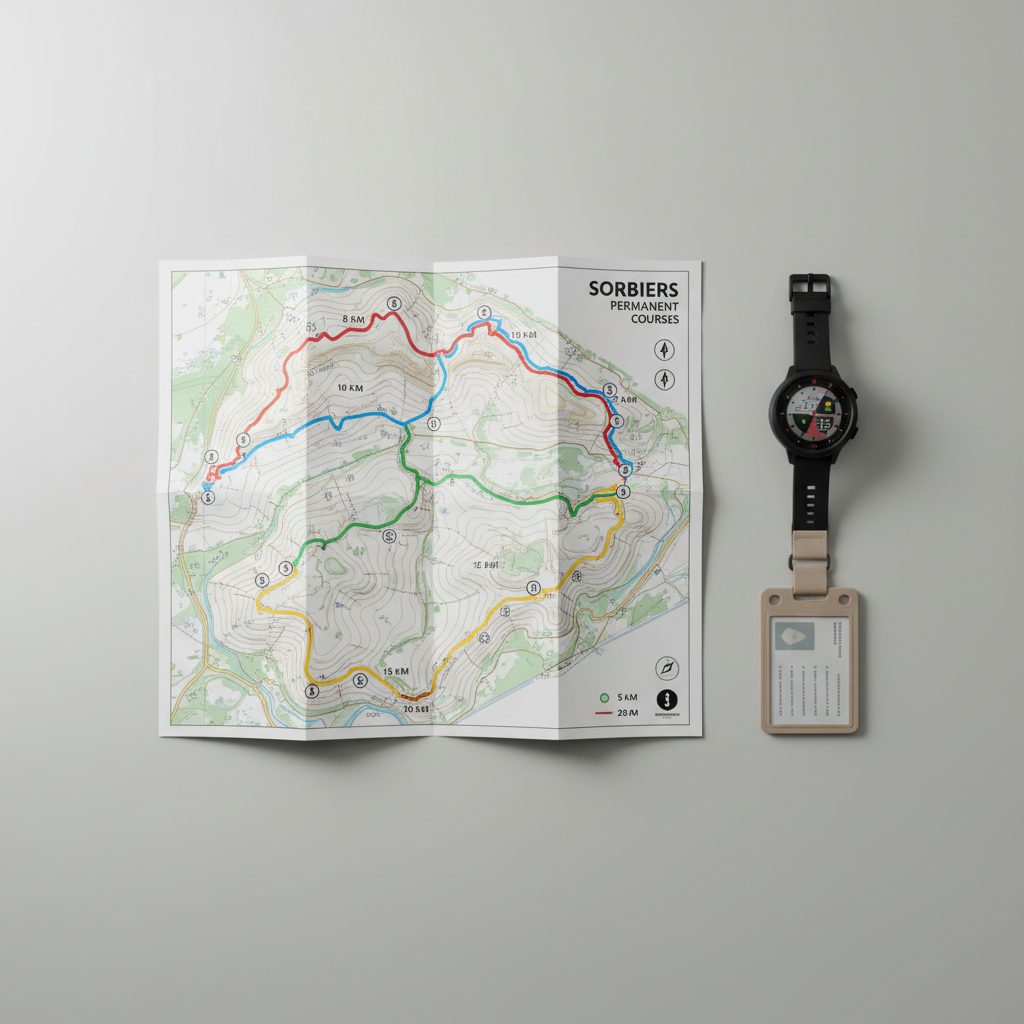 A clean, photographic overhead view of a printed trail map for the Sorbiers permanent courses, laid flat on a light grey, matte desk surface. The map shows four distinct, color-coded looped routes with clear contour lines, distance indicators, and starting point icons, designed in a restrained, professional graphic style. Next to the map lies a modern GPS watch and a neutral-toned lanyard with an access badge, both aligned precisely to reinforce a structured layout. Soft studio lighting from the upper left creates gentle, controlled shadows and subtle highlights along the map’s folds. Shot from a true bird’s-eye perspective with sharp focus across the frame, the image feels organized, precise, and ideal for illustrating route planning and course overview.