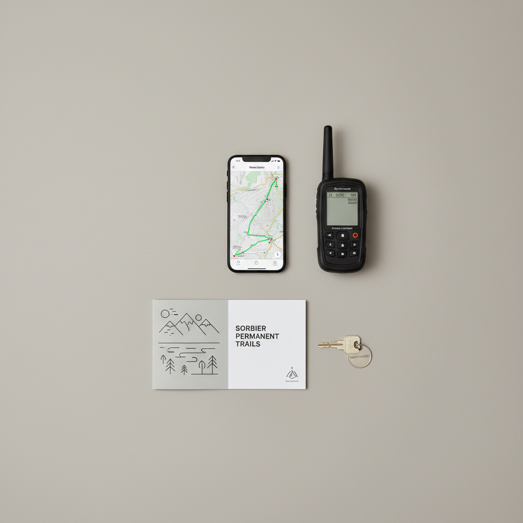 A photographic still life of technical elements associated with the Sorbiers permanent trail courses, arranged with meticulous order on a smooth, neutral grey surface. A modern smartphone displays a GPX track on a sleek topographic map app, next to a compact GPS device, a folded trail information leaflet branded with understated graphics, and a small metallic key labeled “vestiaires” for changing rooms. Each object is aligned to a subtle grid, with consistent spacing and orientation. Soft studio lighting from above creates gentle, precise shadows that emphasize clean edges and textures without clutter. Captured from a top-down perspective with sharp focus, the composition conveys clarity, reliability, and digital readiness, ideal for illustrating downloadable GPX files, practical information, and access to facilities for trail and nordic walking users.