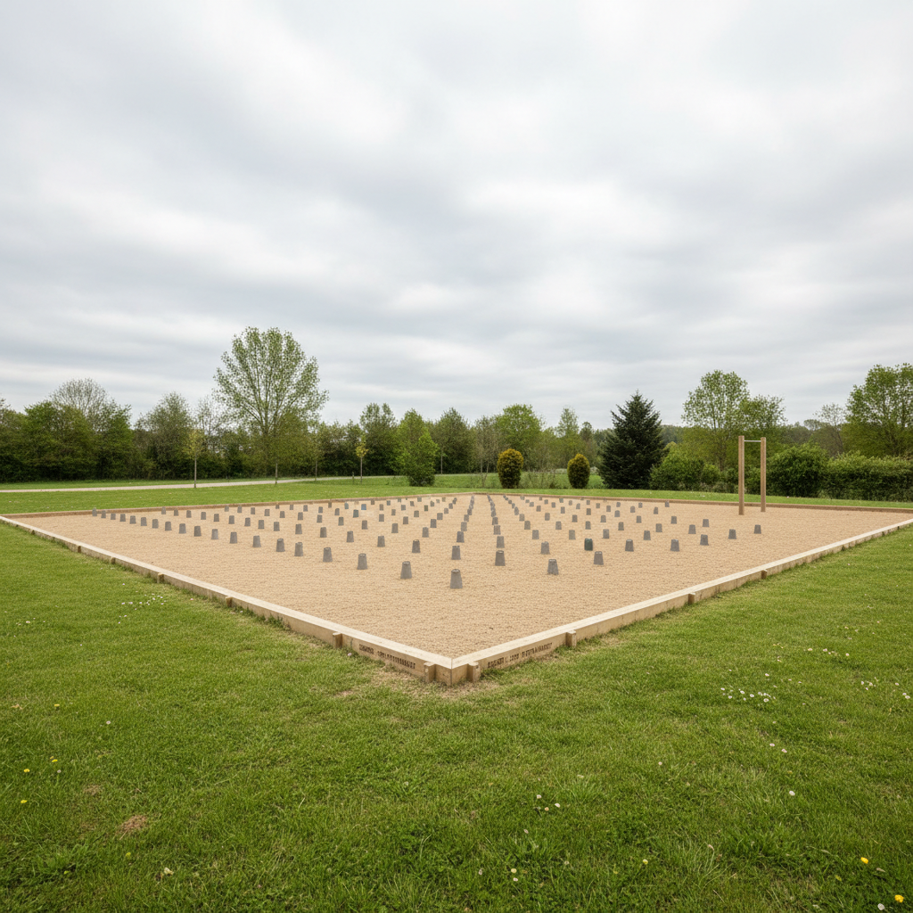 A photographic, structured composition of a minimalist training zone for trail and marche nordique near Sorbiers, featuring a flat, compacted earth area bordered by low wooden beams, with evenly spaced, neutral-colored training markers and a simple stretching bar installation. Surrounding the zone, neatly maintained grass and a line of trees provide a natural yet orderly backdrop. The scene is lit by soft, diffused daylight under a lightly clouded sky, reducing contrast and emphasizing clarity. Shot from a slightly elevated, wide-angle perspective, the entire training zone is visible with straight, parallel lines reinforcing a sense of organization. The mood is calm, functional, and methodical, illustrating a dedicated space for structured warm-up and technical work in harmony with the landscape.